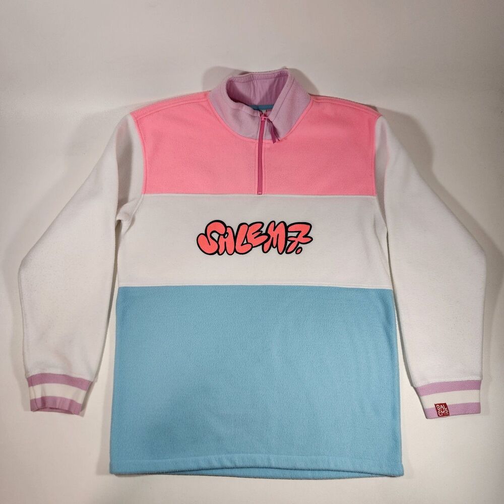 Salem7 Fleece Pullover Women's Large Colorblock 1/4 Zip Pink White Blue Logo